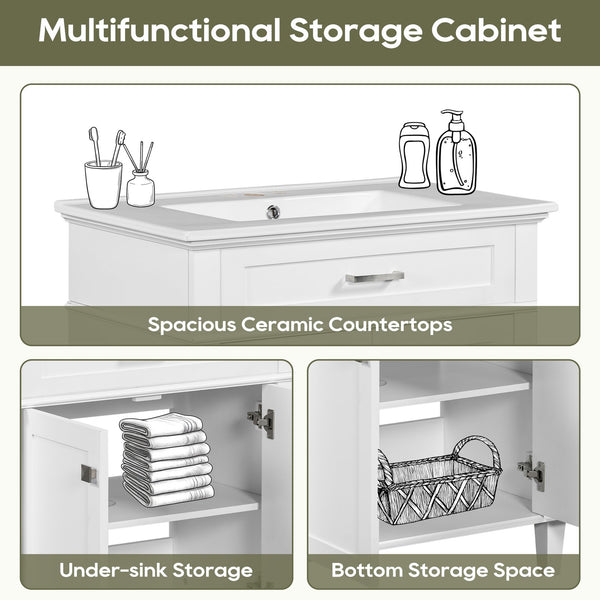 English Elm 30-inch bathroom vanity with ceramic basin, solid wood frame, soft-close doors and adjustable shelves for organized style and lasting durability White N729P173380K