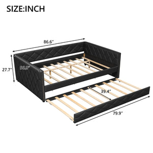 English Elm Full XL Upholstered Daybed with Trundle and Built-In LED Lighting, Tufted Arms, Solid Wood Frame Black N7090000611B