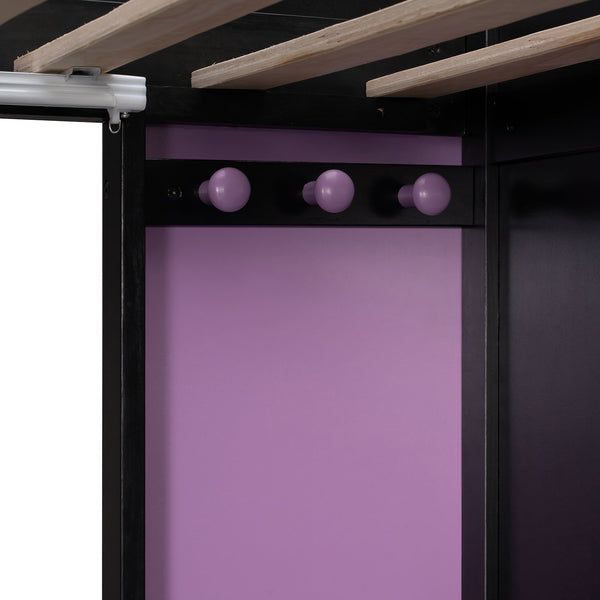 English Elm Full Size Loft Bed with Desk Blackout Curtains Rgb Lighting and Integrated Storage Purple+Black LT000377AAI