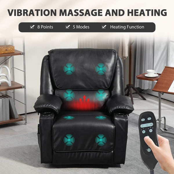English Elm Massage Recliner Swivel Rocker with Heat Lumbar Support Pu Leather Oversized Lounge T3971P405836