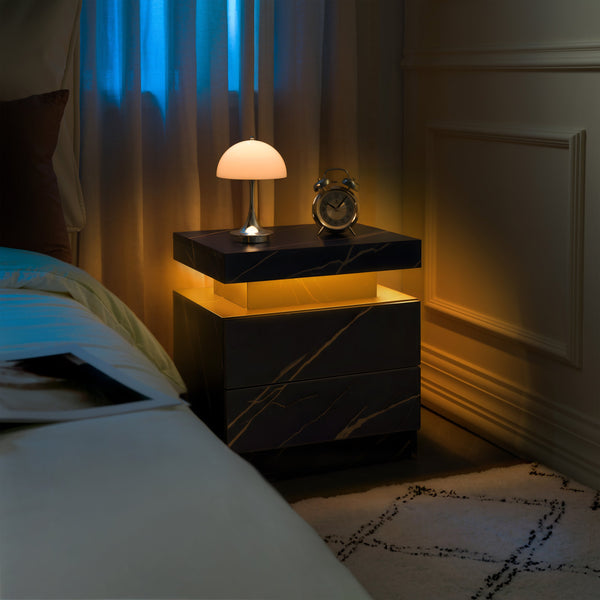 English Elm Nightstand LED Bedside Table with Adjustable Multi-Color Lights, Sleek Modern End Table for Bedroom Black+Gold 22.83 L x 16.93 W x 7.68 H W2178138741
