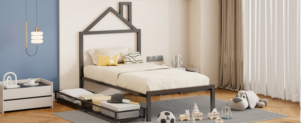 English Elm Twin Metal Platform Bed with House-Style Headboard, Sturdy Slatted Frame & Smooth Underbed Drawers for Kids and Teens (300 lb Capacity) Black MF320570AAB