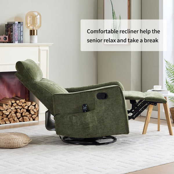 English Elm Beige Fabric Swivel Rocker Recliner with Massage Nodes and Lumbar Heat for Living Room Antique Green W1803P363423