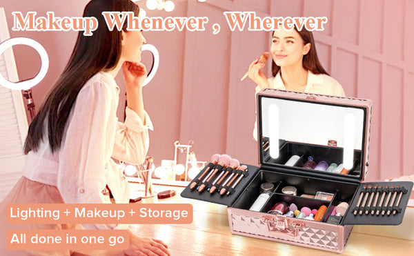 English Elm Portable Led Vanity Makeup Case Aluminum Travel Organizer with Mirror Lock Dividers W1550P163304