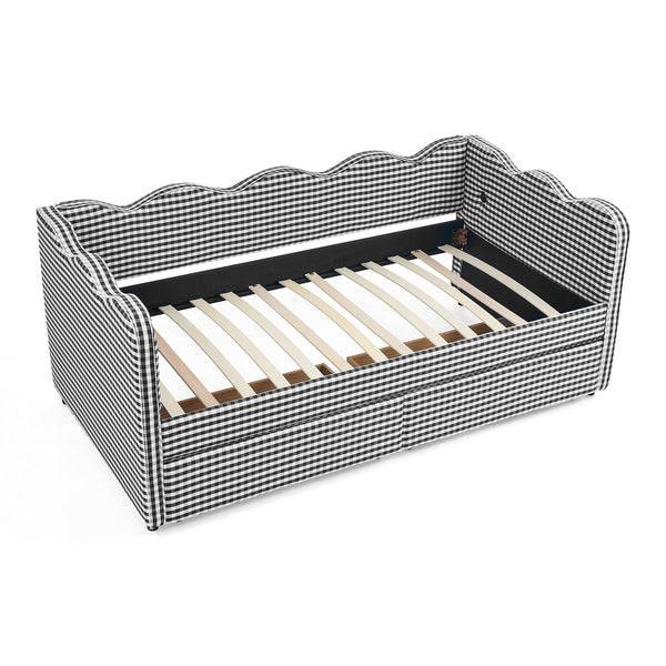 English Elm Twin Gingham Linen Daybed with Wave Silhouette Usb Port and Dual Storage Drawers Black W1413S00145