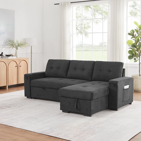 English Elm Toby Woven Fabric Sleeper Sectional with Storage Chaise Usb Ports and Coil Support Black B061S00955