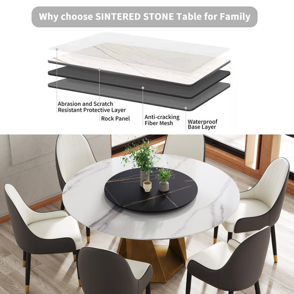 English Elm 59.05" Round Marble Dining Table With Lazy Susan - Sleek Bronze Base, Seats 6-8, Perfect For Dining! W1535S00413
