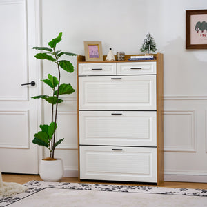 English Elm Two drawer three-fold shoe cabinet with ample vertical shelving, smooth finish, compact entryway storage White+Walnut W3871P368979