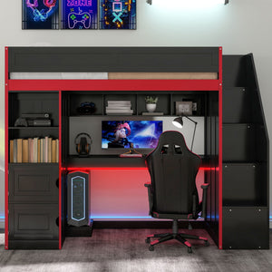 English Elm Gaming Full Loft Bed with Built-in Desk Led Lights and Storage for Teen Rooms N709P004103J