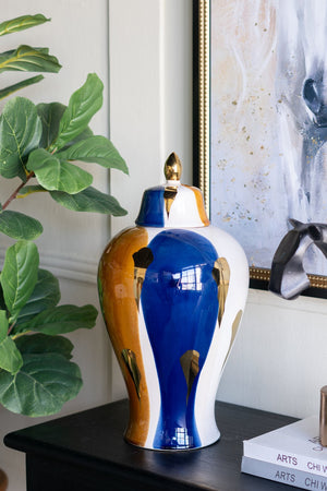 English Elm 9.8x9.8x19.1" Tall Ceramic Ginger Jar with Blue White Gold Abstract Glaze W2078P445035