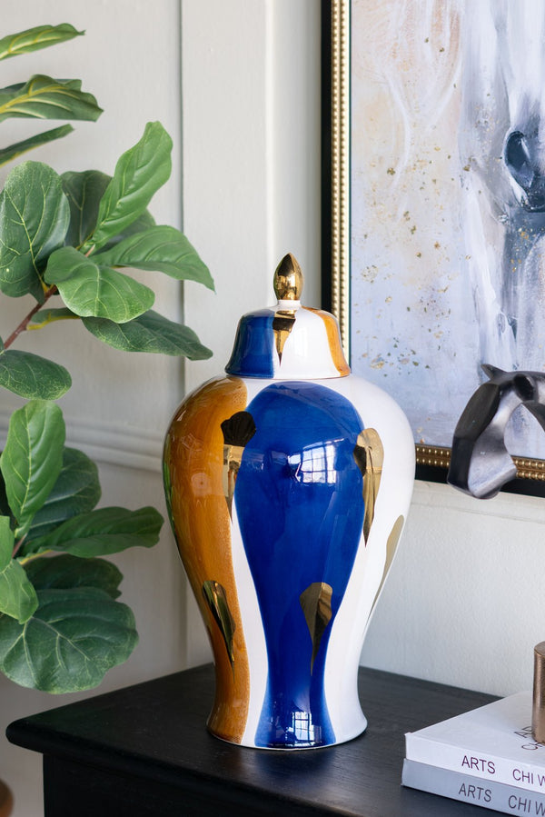 English Elm 9.8x9.8x19.1" Tall Ceramic Ginger Jar with Blue White Gold Abstract Glaze W2078P445035