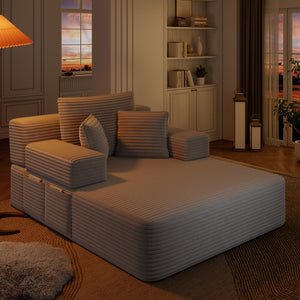 English Elm Luxurious Corduroy Convertible Chaise Lounge Sofa Bed with Foam Support for Apartments Light Grey W3219P449013