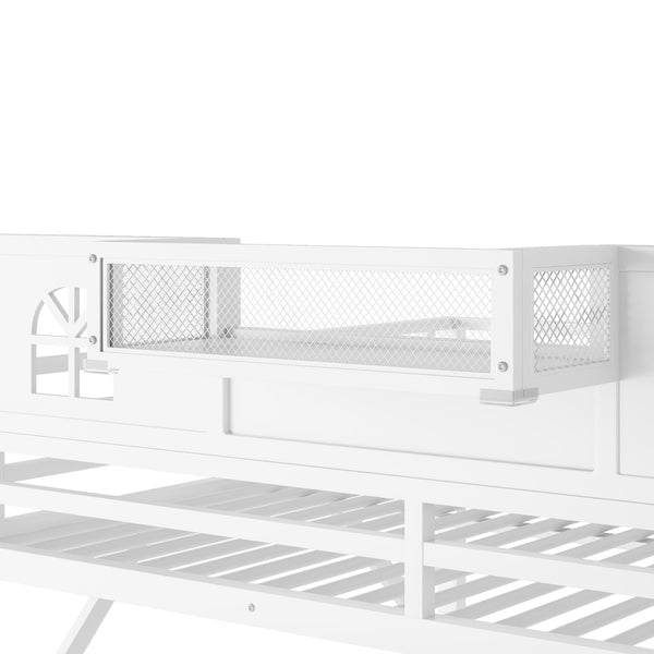English Elm Queen Size Loft Bed With House-Shaped Guardrails, Stairs & Wardrobe - Perfect For Kids & Teens! W2593S00038-GIGA
