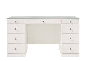 English Elm 1pc Glam Makeup Vanity Table with Glass Top and 9 Drawers Knobs – Sleek Wooden Bedroom Furniture White 59.96 L x 25.87 W x 2 H B2741S00134