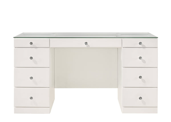 English Elm 1pc Glam Makeup Vanity Table with Glass Top and 9 Drawers Knobs – Sleek Wooden Bedroom Furniture White 59.96 L x 25.87 W x 2 H B2741S00134