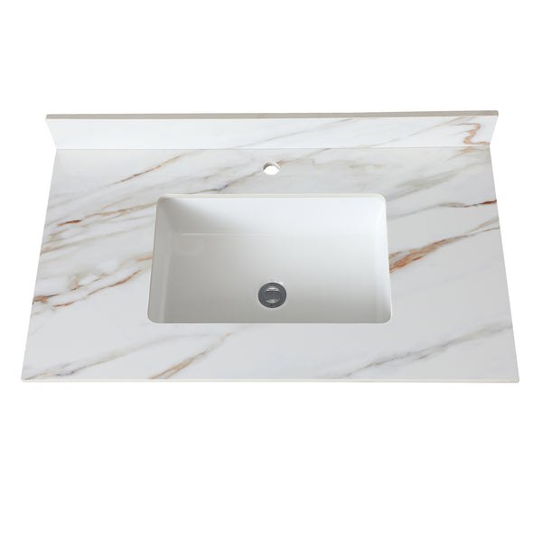 English Elm 37 Inch Marble Vanity Top - Elegant Carrara White With Undermount Sink & 4" Backsplash, Easy Install W2699P192441