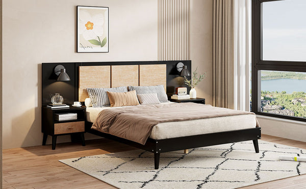 English Elm Queen Solid Wood Bed Frame With 2 Nightstands, Rattan Accents, Built-In Lamps For Cozy Bedrooms N820S00019AAB-GIGA