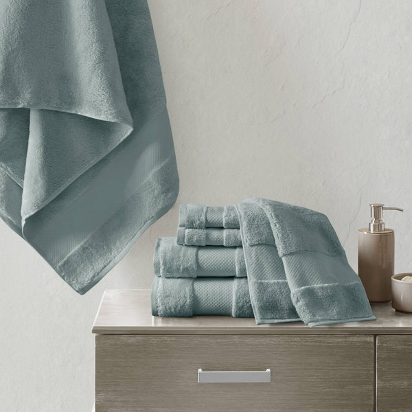 JLA Home Madison Park Signature - Cotton Luxurious 6-Piece Turkish Bath Towel Set 600 GSM Oversized Plush Dobby Border, OEKO-TEX Certified Blue MPS73-416