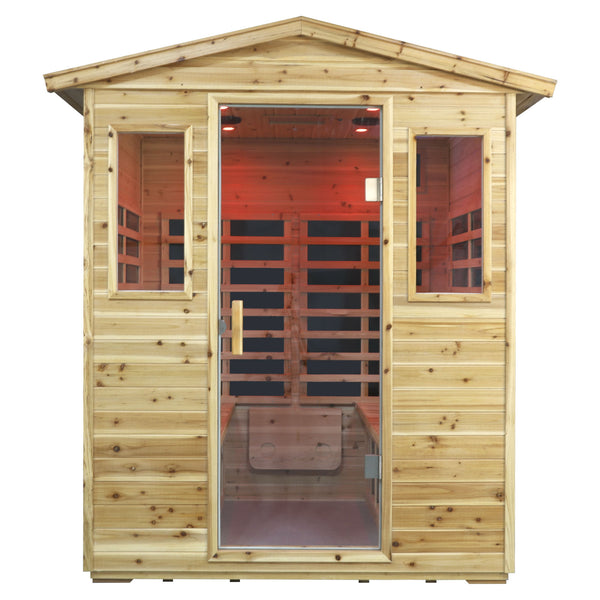 English Elm Four Person Outdoor Infrared Sauna with Solid Fir Wood Bluetooth Audio Low Emf Panels W632S00032
