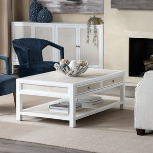 Crestview Collection Coastal Cocktail Table With Storage | Durable Mindi Wood & Woven Raffia | Chic Living Room Accent White Solid Wood Cvfdr1150