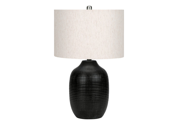 English Elm Lighting, 26"h Black Glazed Ceramic Ginger Jar Table Lamp with Ivory Linen Drum Shade & Silver Finial B2710P220121