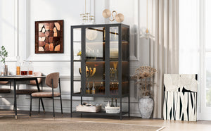 English Elm 67.25'' Tall Steel Curio Cabinet with Led Lighting and Tempered Glass Panels Black SN845P263995B