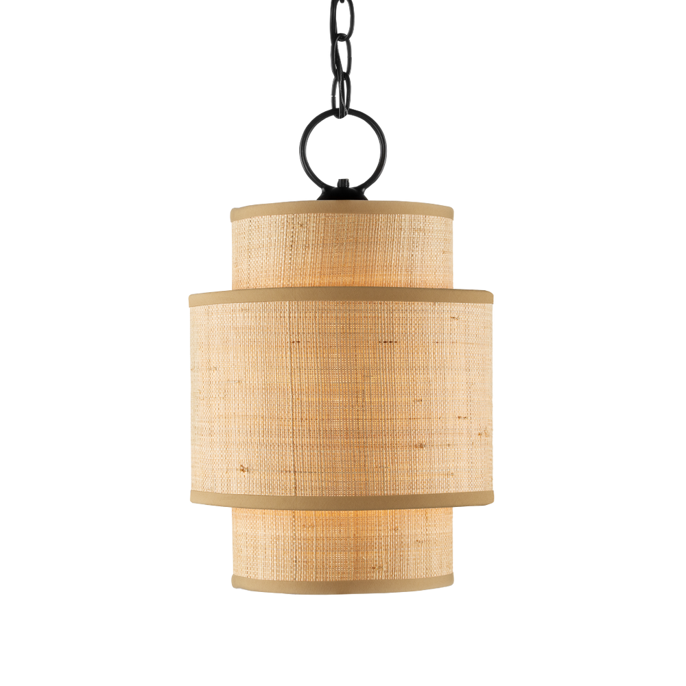 Mathias Natural Pendant Light – Mid-Century Modern Grasscloth Shade with Satin Black Metal Frame