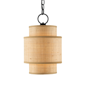 Mathias Natural Pendant Light – Mid-Century Modern Grasscloth Shade with Satin Black Metal Frame