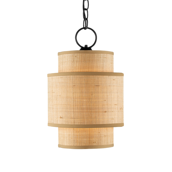 Mathias Natural Pendant Light – Mid-Century Modern Grasscloth Shade with Satin Black Metal Frame