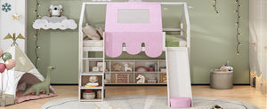 English Elm Full Size Kids House Loft Bed Pinewood Frame with Tent Slide and Play Storage White LT000683AAK