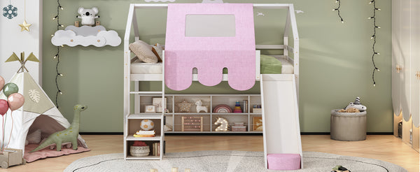 English Elm Full Size Kids House Loft Bed Pinewood Frame with Tent Slide and Play Storage White LT000683AAK