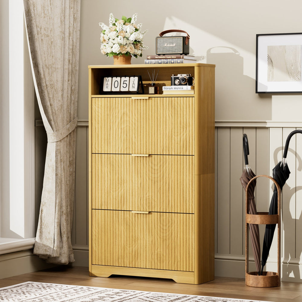 English Elm Shoe Cabinet Slim Entryway Organizer with Flip Compartments Wave Front and Gold Hardware Natural W1162P384348