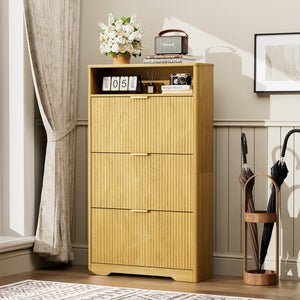 English Elm Shoe Cabinet Slim Entryway Organizer with Flip Compartments Wave Front and Gold Hardware Natural W1162P384348