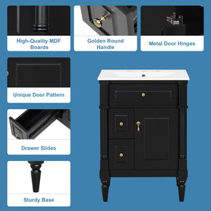 English Elm 24 Inch Freestanding Vanity with Ceramic Sink Rubberwood Frame Matte Finish Storage Black N725P356058B