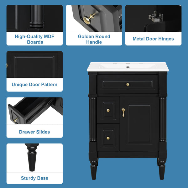English Elm 24 Inch Freestanding Vanity with Ceramic Sink Rubberwood Frame Matte Finish Storage Black N725P356058B