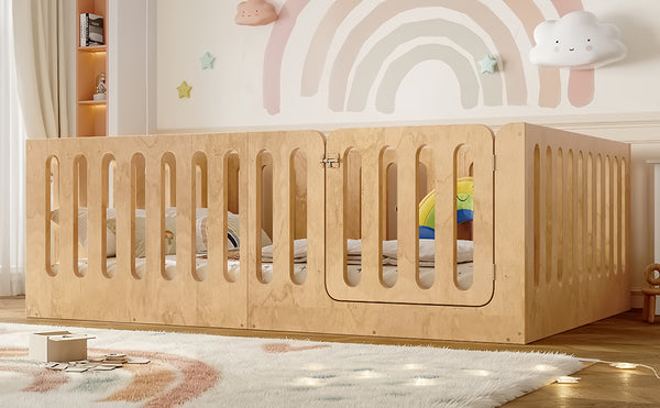 English Elm Twin Solid Pine Montessori Floor Bed with House Frame Door and Safety Fence Natural W5305P420636