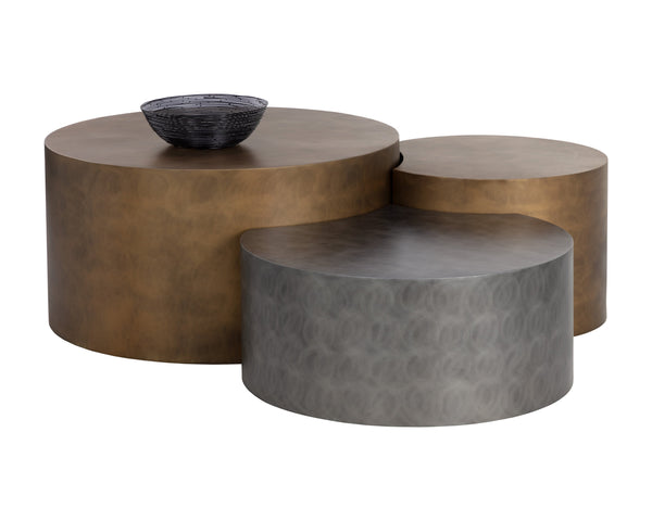 Sunpan Neo Coffee Tables Set of 3 – Staggered Heights, Unique Handcrafted Designs in Antique Brass & Nickel