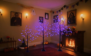 English Elm 3 Pack Halloween Spooky Tree Set with Purple LED Lights, 4ft‑6ft Hinged UV‑Resistant Indoor Decor (96) PX283443AAF