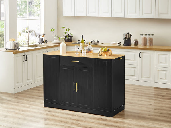 English Elm 53 Inch Large Kitchen Island With Hidden Trash Storage & Adjustable Shelves, Black & Oak Finish W1820P199483