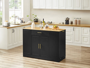 English Elm 53 Inch Kitchen Island With Hidden Trash Can, Adjustable Shelves & Drawer - Stylish Black & Oak Design W1820P199484