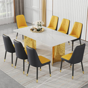 English Elm Table 9-Piece Dining Set With Glass Top, Gold Stainless Steel Legs & Orange/Dark Gray Chairs For Elegance W1151S04360-GIGA