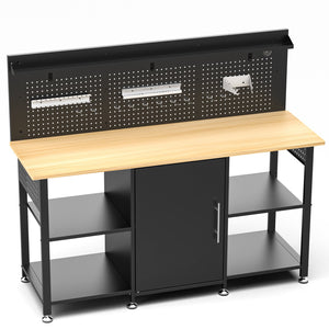 English Elm 60 Inch Garage Workbench Solid Wood Top Steel Frame with Cabinet Pegboard and Power Outlet W3190P410167