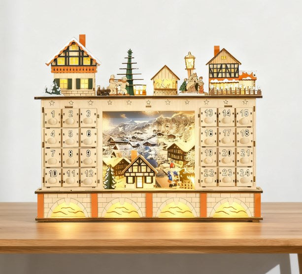 English Elm Light up Wooden Advent Calendar Village with 24 Drawers and Led Glow for Holiday Decor T3971P414396