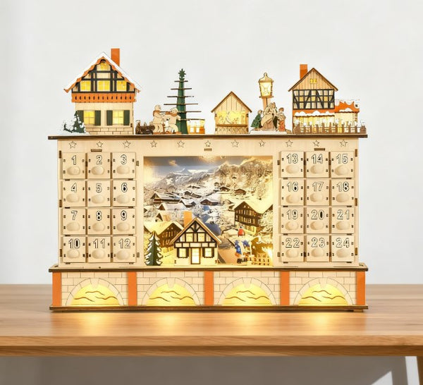 English Elm Light up Wooden Advent Calendar Village with 24 Drawers and Led Glow for Holiday Decor T3971P414396