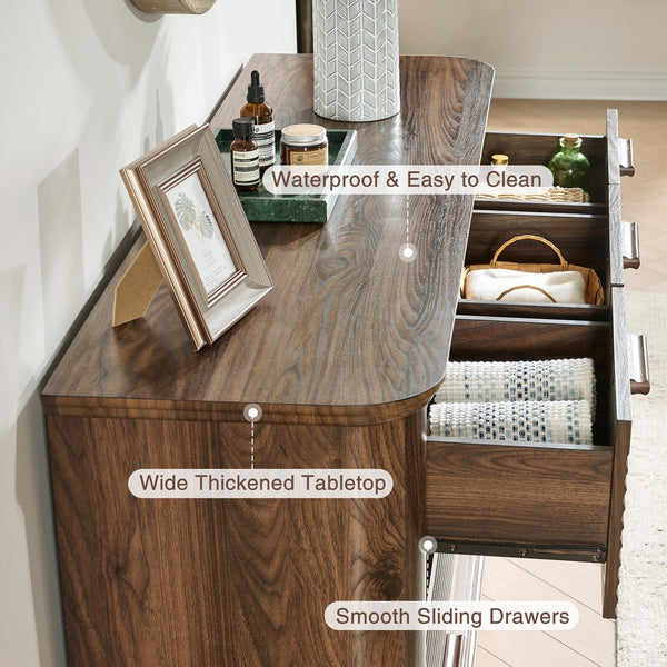 English Elm Fluted Wave Panel 7 Drawer Mdf Dresser Modern Bedroom Storage with Tv Stand Top Walnut T5326P425096