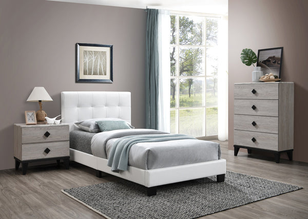 English Elm Modern Twin Bed Faux Leather Upholstered Frame Adjustable Headboard Clean White Finish B011P414680