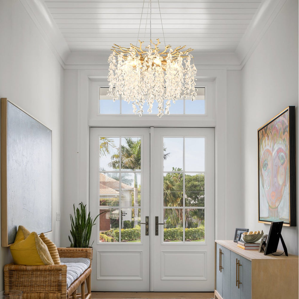English Elm 6-light Rectangular Gold Chandelier Seeded Glass Farmhouse Fixture for Dining Rooms W5008P466525