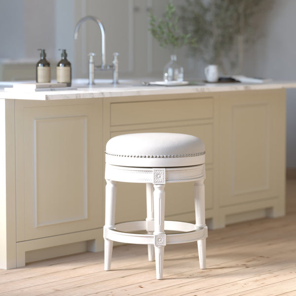English Elm 26in. Faux Leather Swivel Barstool Nailhead Trim Carved Wood Counter Height Kitchen White B2751P436438