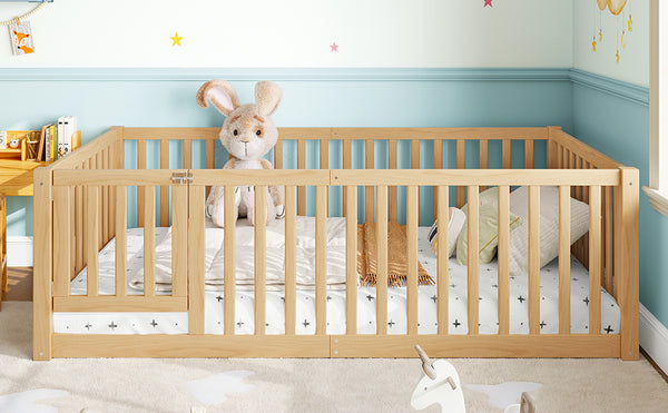 English Elm Twin Floor Bed Pine Wood Frame with Guardrails and Door for Safe Toddler Sleep Natural W1580P417669