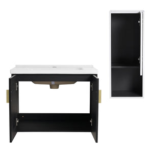 English Elm 28" Wall-Mounted Bathroom Vanity & Ceramic Sink With Side Cabinet, Soft-Close Doors For Modern Homes W999S00329